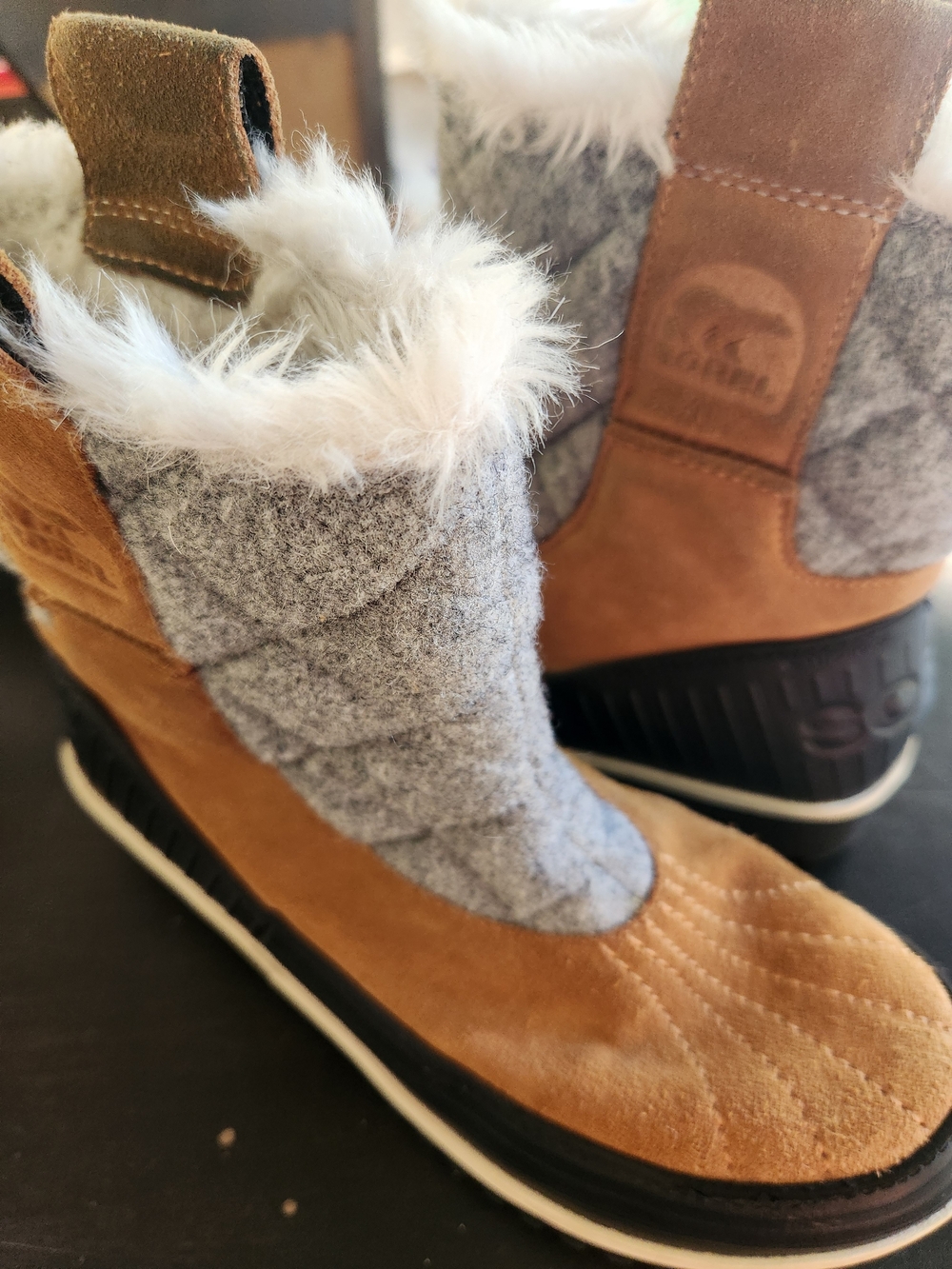 Sorel Women's Tan Suede and Gray Quilted Winter Boots with Faux Fur Trim